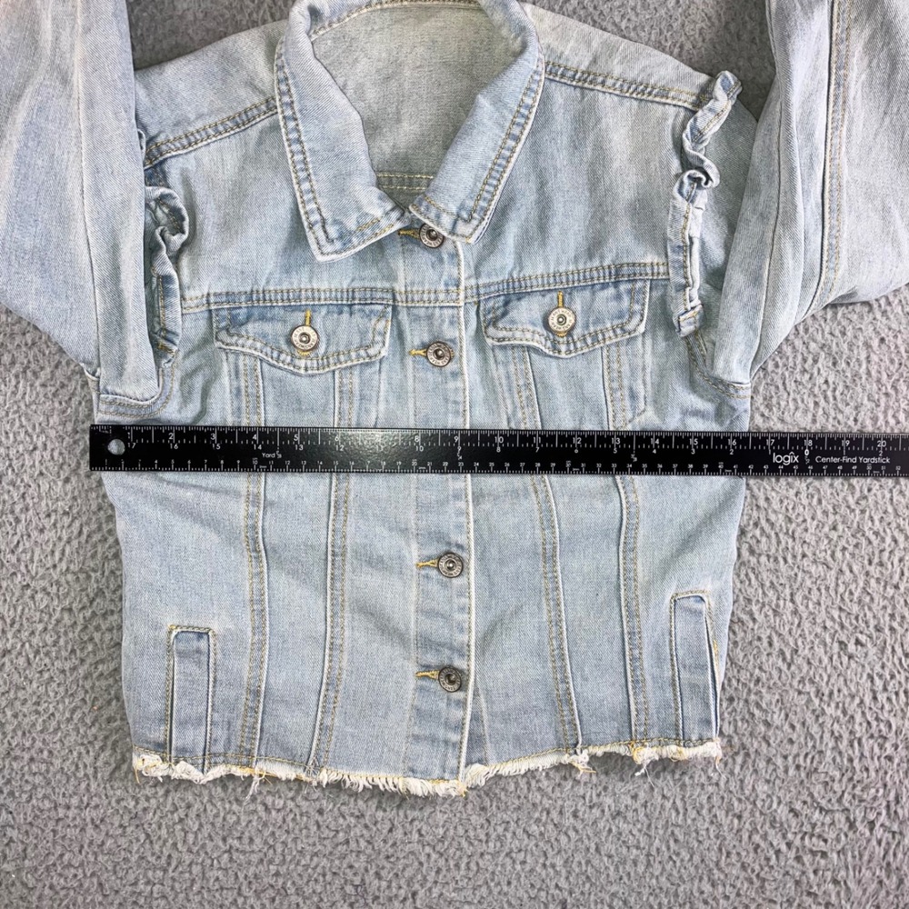 Ruffle Shoulder Denim Jacket Women S Light Wash Raw Hem Cropped Western Spring - Picture 5 of 12